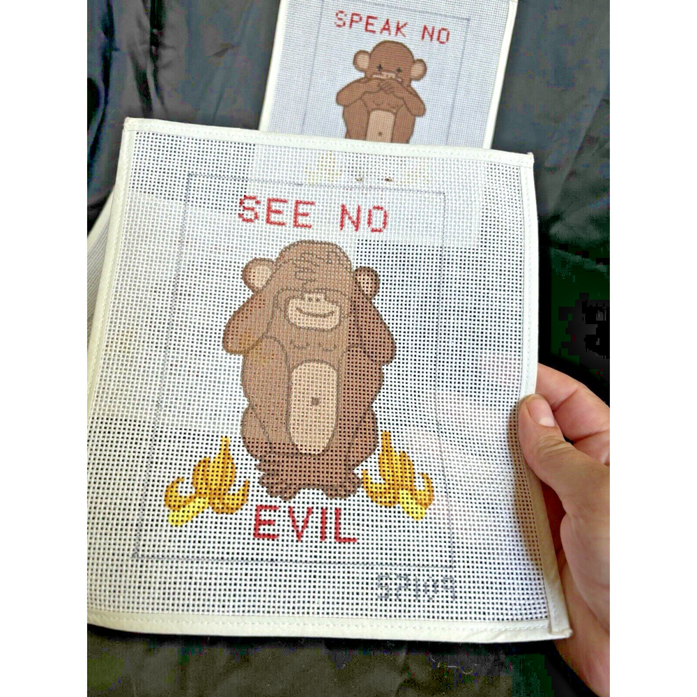 3 Hand Painted Needlepoint Canvas Monkeys Hear No Evil See No Evil Hear No Evil - Picture 4 of 8